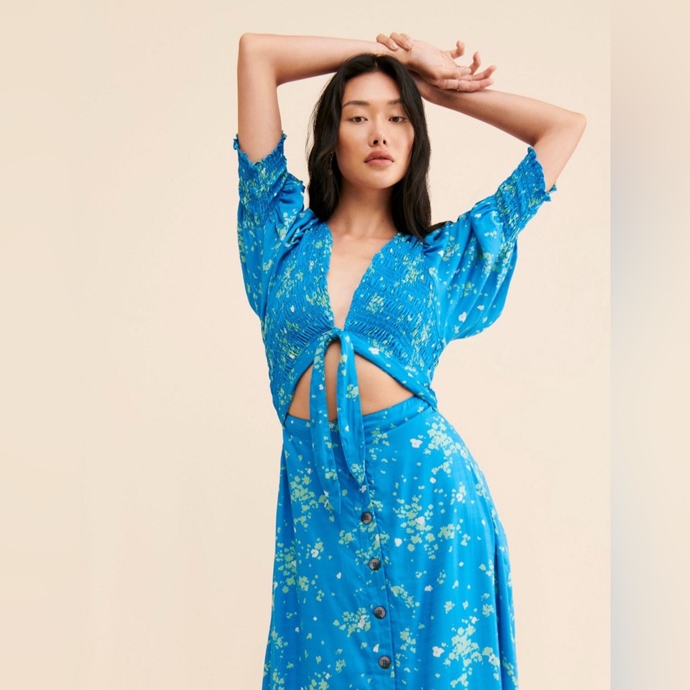 Free People Vibrant Blue Floral Long Sleeve Dress cutout button tie dress - Picture 2 of 10
